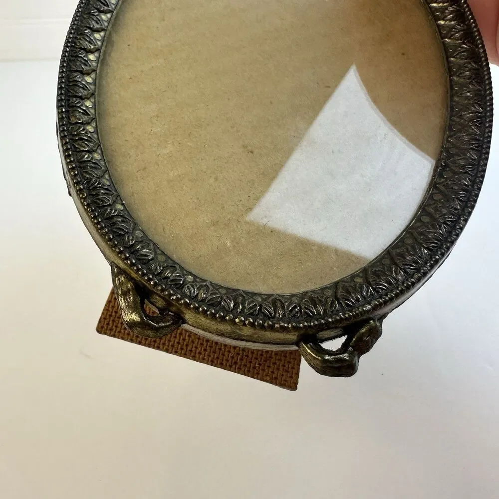 Vintage Ornate Brass Oval Picture Photo Frame Baroque Ribbon Bow Italy Tabletop